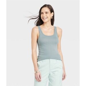 A New Day NWT Medium Basic Green Teal Tank Top Scoop Neck Cotton Fitted Everyday